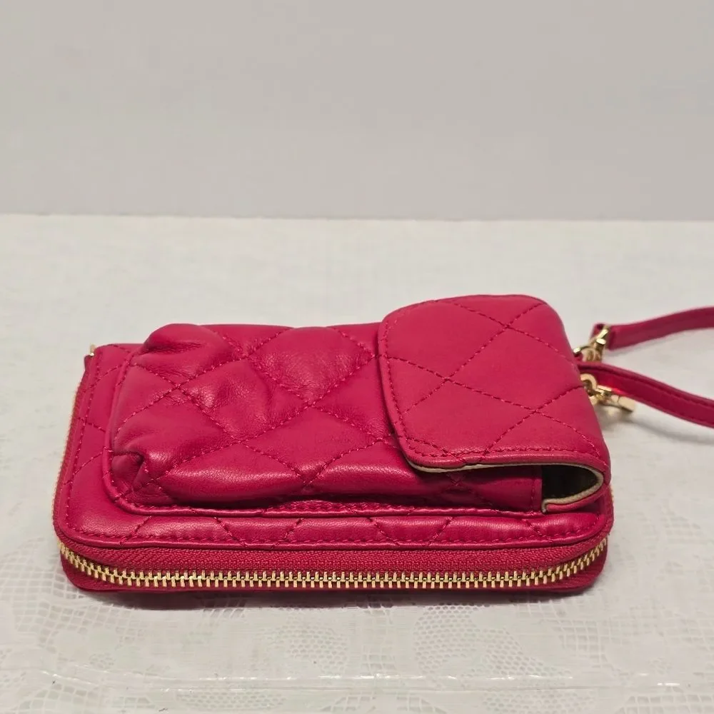 DKNY Hot Pink Fuchsia Quilted Genuine Leather Wallet Wristlet Cell Phone Case